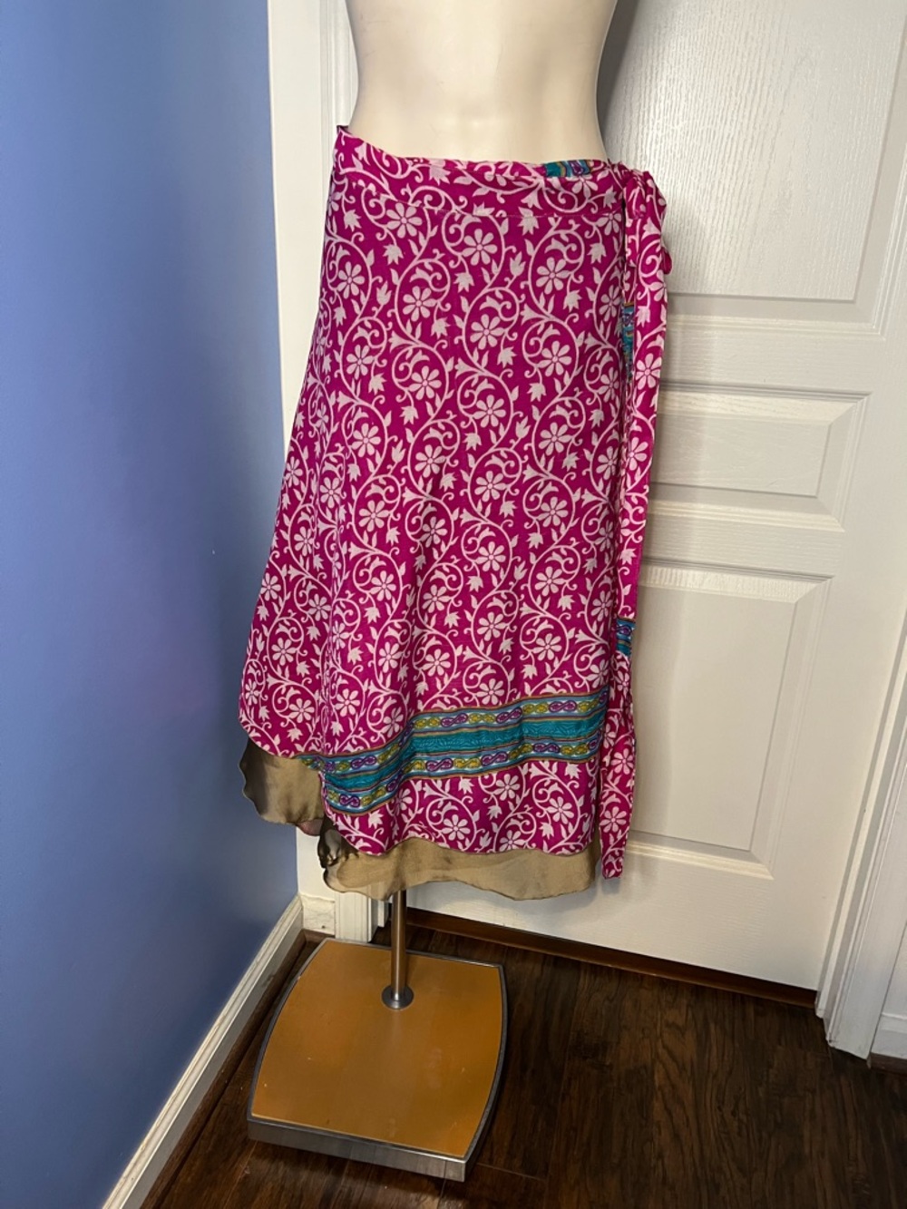 Darn Good Yarn Fuchsia Floral Wrap Skirt with Decorative Border